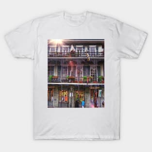 Sunny New Orleans French Quarter Nola Home with Iconic Blue Gray Architecture and Botanical Greenery in Southern Louisiana T-Shirt